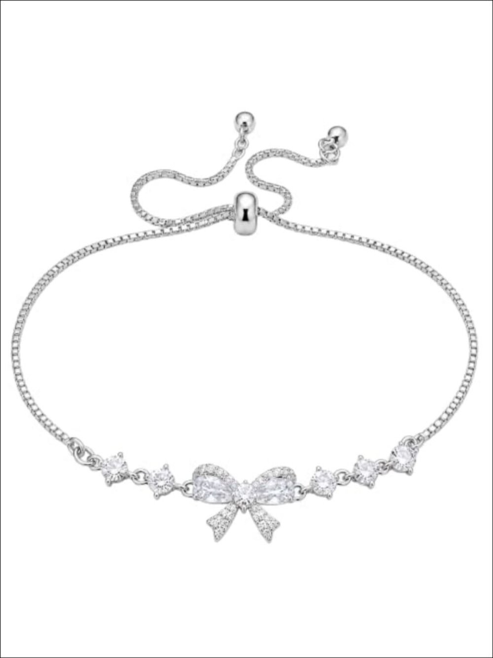 Silver Tone Bow Charm Bracelet Adjustable Bolo Chain Women's Jewelry